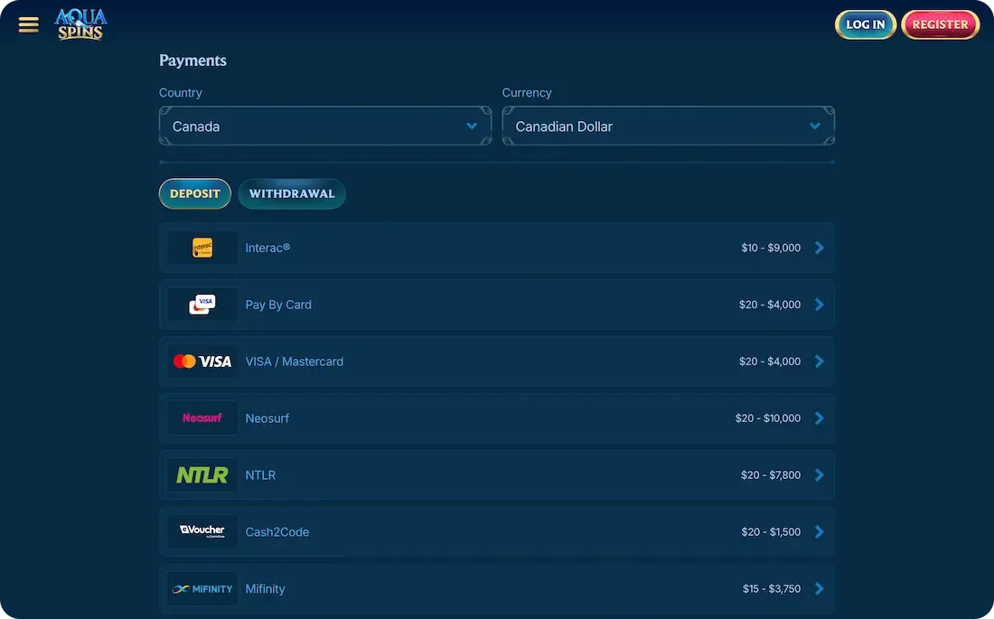 aquaspins casino payments