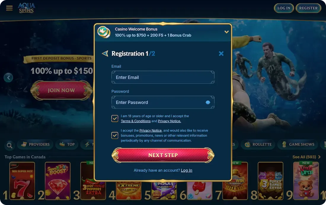 aquaspins casino registration